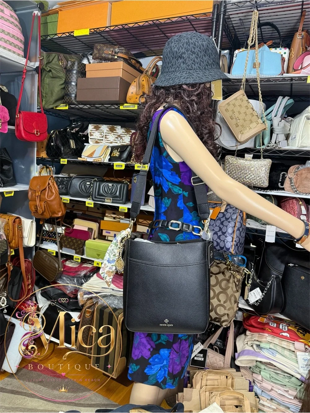 🆕NANETTE LEPORE Black Pebbled Leather Shoulder Bag with Floral Scarf Charm